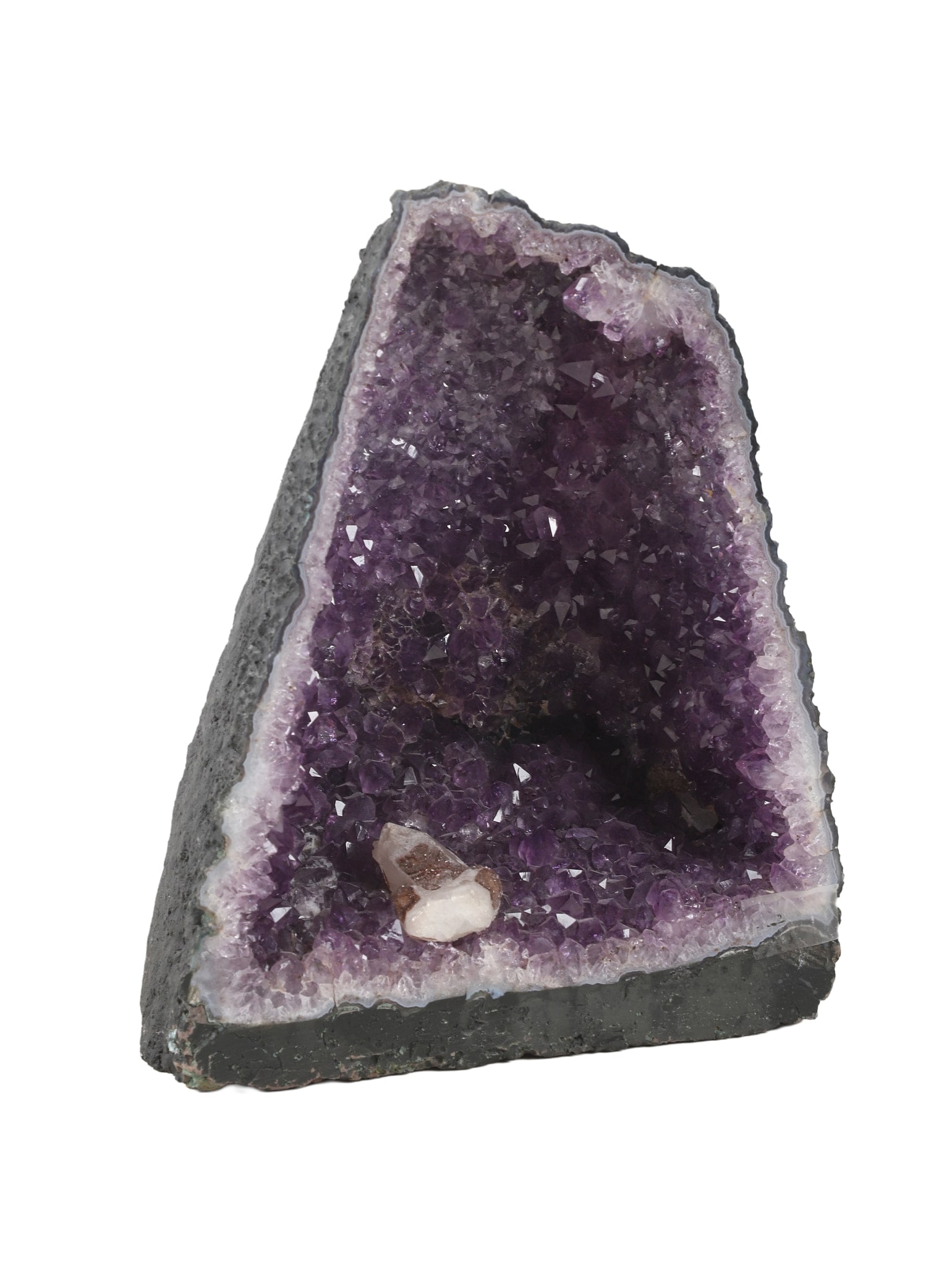 Amethyst and Quartz Cathedral: Amethyst and Quartz Cathedral, 10"H x 8"L x 6"D at widest point, amethyst studded interior with clear quartz highlight, 12.6 LB