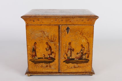 19th C Yellow Lacquered Chinoiserie Workbox