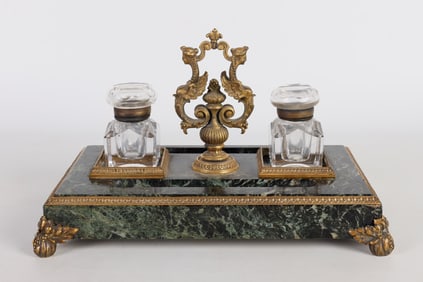 French Bronze and Green Marble Double Ink Stand
