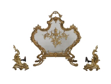 Louis XV style French gilt bronze and iron chenets and fire screen