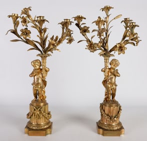 Pair French 19th c Gilt Bronze 5-light putti raised candelabra