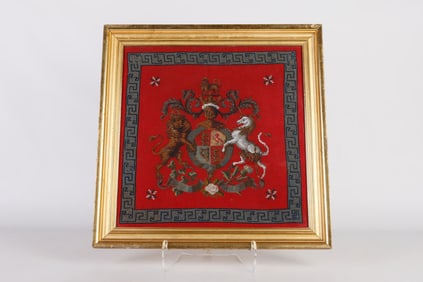 19th C Gilt Framed Armorial Beaded Panel