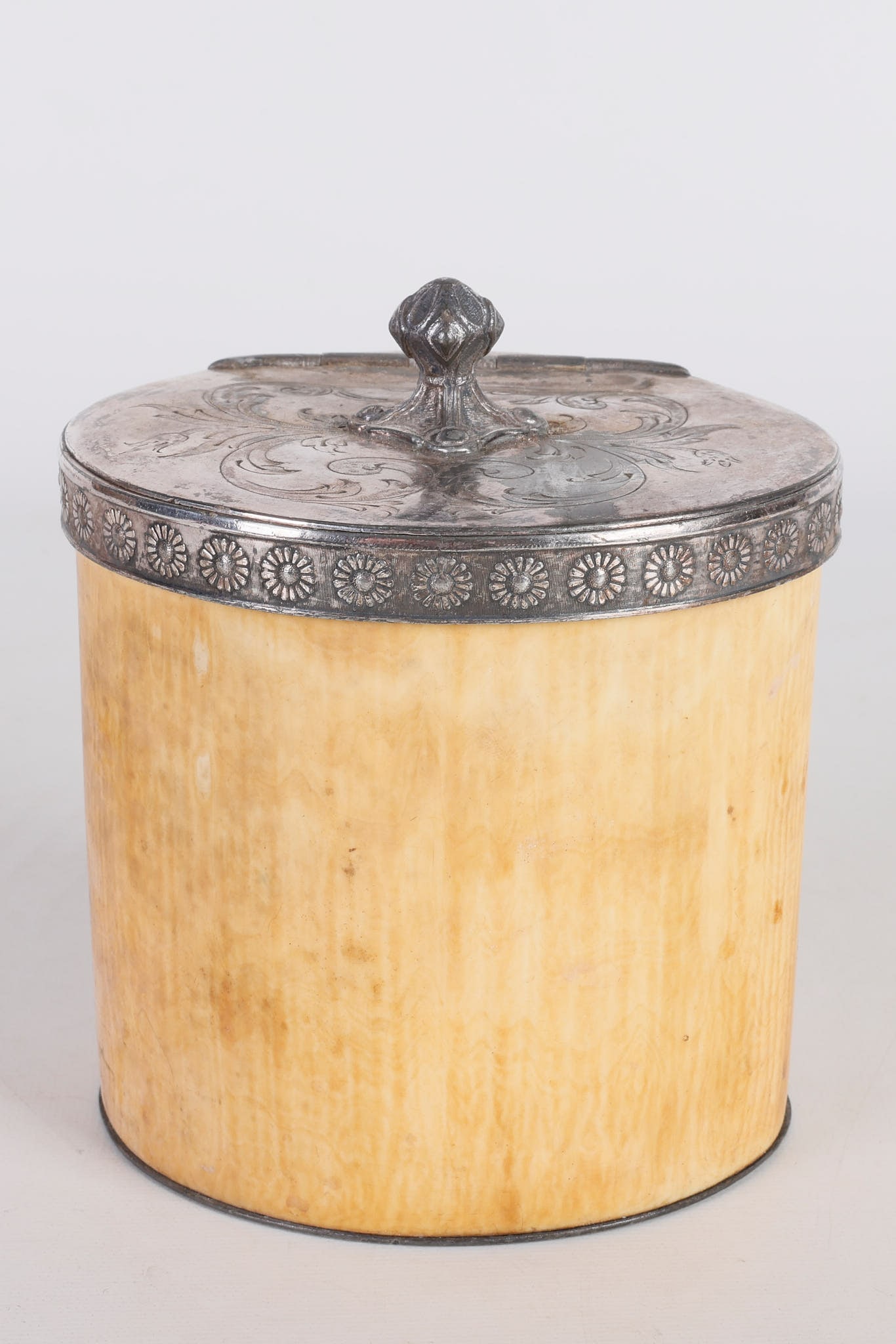 19th C Silverplate and Bone Covered Caddy: 19th C Silverplate and Bone Covered Caddy, hinged chased and floral decorated cover with bone body, over silverplated foot, 6 1/8"H to top of finial, 5 1/4"L x 4 1/2"D