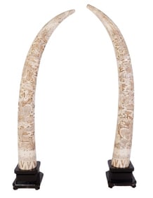 Monumental Carved & Inked Bone Veneer 'Tusk' Pair