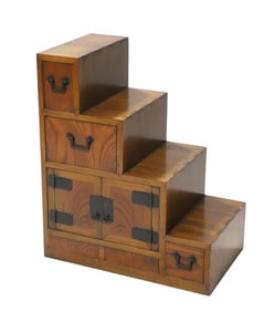 Asian elmwood double sided step Tansu cabinet