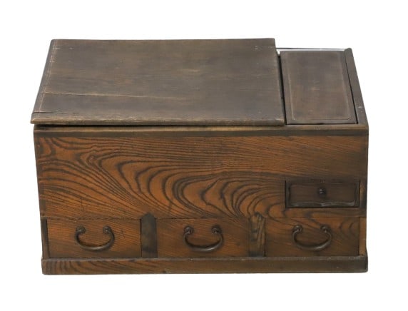 Japanese elmwood kanto naga hibachi: Japanese elmwood kanto naga hibachi, removable lid and topo tray slide, one drawer far right, over three drawers at base, two pieces of molding off, but present, 12 1/2"H x 23 1/2"W x 14 1/4"D