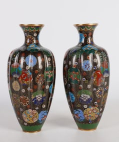 Lobed Japanese Cloisonne Flared Rim Vase Pair