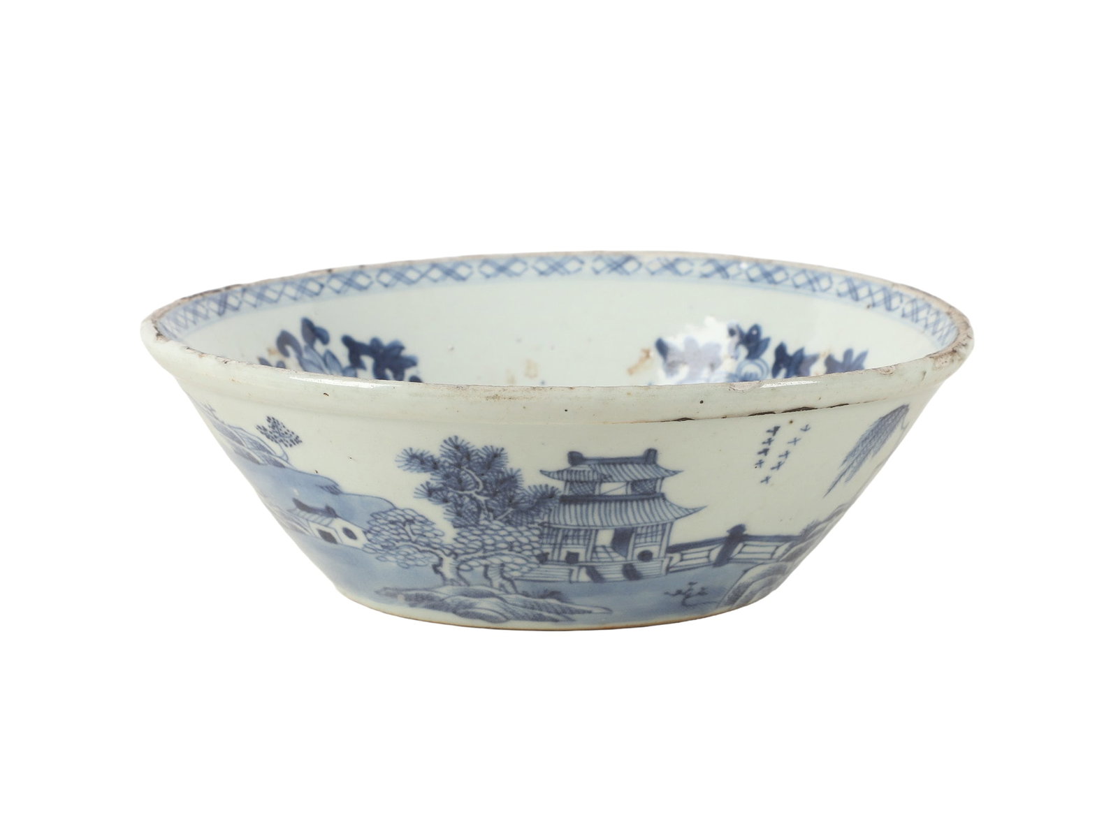 Chinese Blue and White Porcelain Bowl: Chinese Blue and White Porcelain Bowl, floral decorated interior, exterior in scenic landscape surround, 7" dia, 2 1/2"H