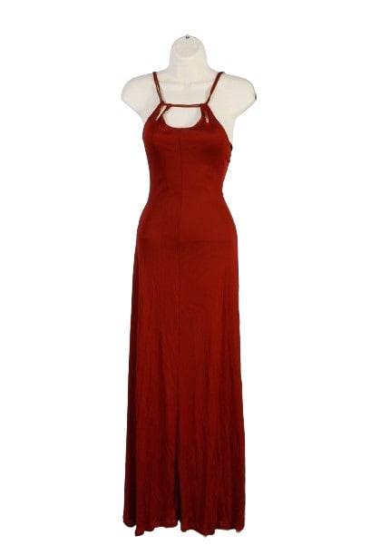 Stephen Burrows World Knit Jersey Maxi Dress: Stephen Burrows World Knit Jersey Maxi Dress spaghetti strap dark red rust colored jersey knit dress with red contrast stitch cutout neckline, 24" bust, XXS, with stretch, [In 1970, Geraldine Stutz, p
