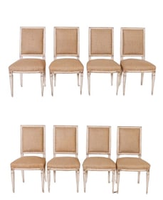 (8) Louis XVI style painted and burlap side chairs