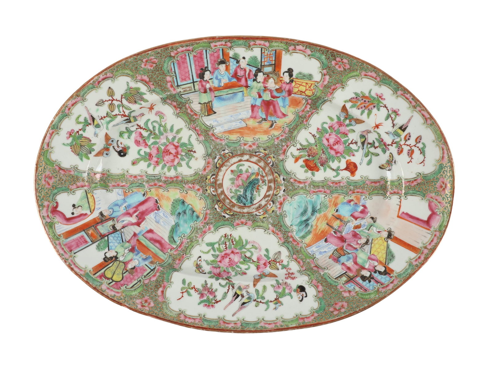 Chinese Famille Rose Oval Porcelain Platter: Chinese famille rose oval porcelain platter, early to mid-19th C, unmarked, 17"L, 12"D x 2"H