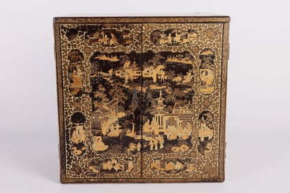 19th C Chinese Black Lacquered Parcel Gilt Box