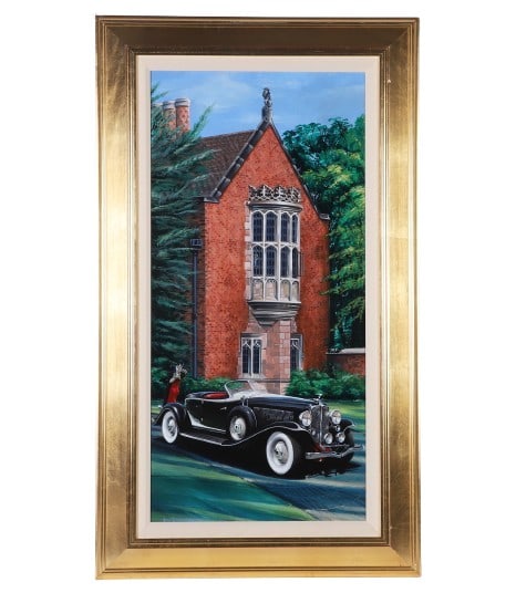 Charles Maher "Auburn Speedster at the Branch House": Charles Maher, 20th C American MI artist, "Auburn Speedster at the Branch House" depicting the classic car in front of the historic Richmond Virginia building, acrylic on panel, signed Maher, 34" x 16