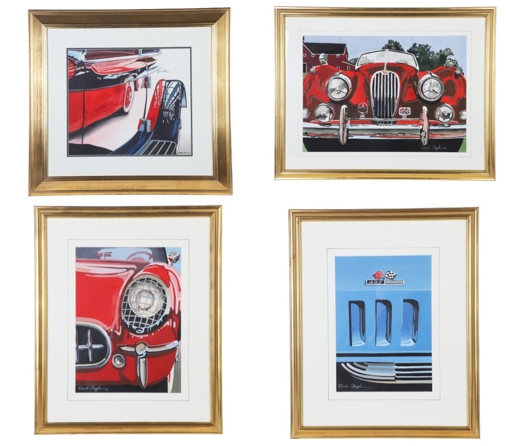 Charles Mundy & David Chapple (4) Automobile Paintings: Charles & David Chapple (4) Automobile paintings depicting (2) Corvettes, a Jaguar and a Lincoln, watercolor on paper, each signed, largest framed size 29 1/2" x 37 1/2", very good condition