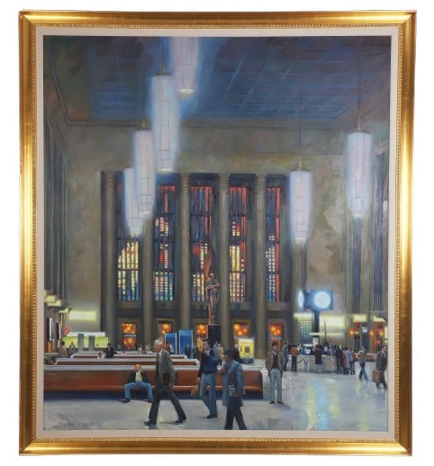 Paul Rickert "30th St. Station, Philadelphia": Paul Rickert (American, b 1947) "30th St. Station, Philadelphia", monumental painting depicting the interior with the Pennsylvania Railroad War Memorial, oil on canvas, signed Paul I. Rickert, 96" x 8