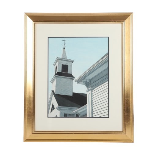 Gregory Dunham "New England Church Steeple": Gregory Dunham (American, b 1946) MA ME artist, "New England Church Steeple", watercolor on paper, signed Gregory Dunham '88, 16" x 12" sight, framed 26" x 22", very good condition
