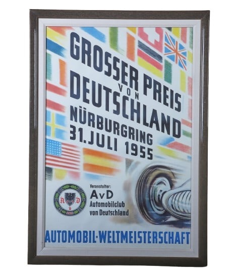 1950s Grosser Preis von Deutschland Poster: 1950s Grosser Preis von Deutschland Poster, original poster for Automobilclub von Deutschland, color lithograph on paper, 32 3/4" x 21 3/4" sight, framed 37 1/2" x 26 1/2, very good condition, likely