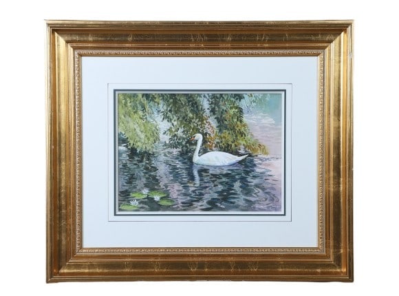 Frederick Kubitz "Swan in a Lily Pond": Frederick Kubitz (20th c. American MA ME artist) "Swan in a Lily Pond" watercolor on paper, signed F. Kubitz, AWS, 10 1/2" x 14 1/2" sight, framed 23 1/8" x 27 1/8", good condition, gilt chips on fram