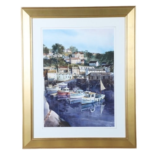 Frederick Kubitz "Polperro Harbor, Cornwall England": Frederick Kubitz (20th c. American MA ME artist) "Polperro Harbor, Cornwall England" watercolor on paper, signed F. Kubitz, 29" x 21" sight, framed 42" x 34", very good condition