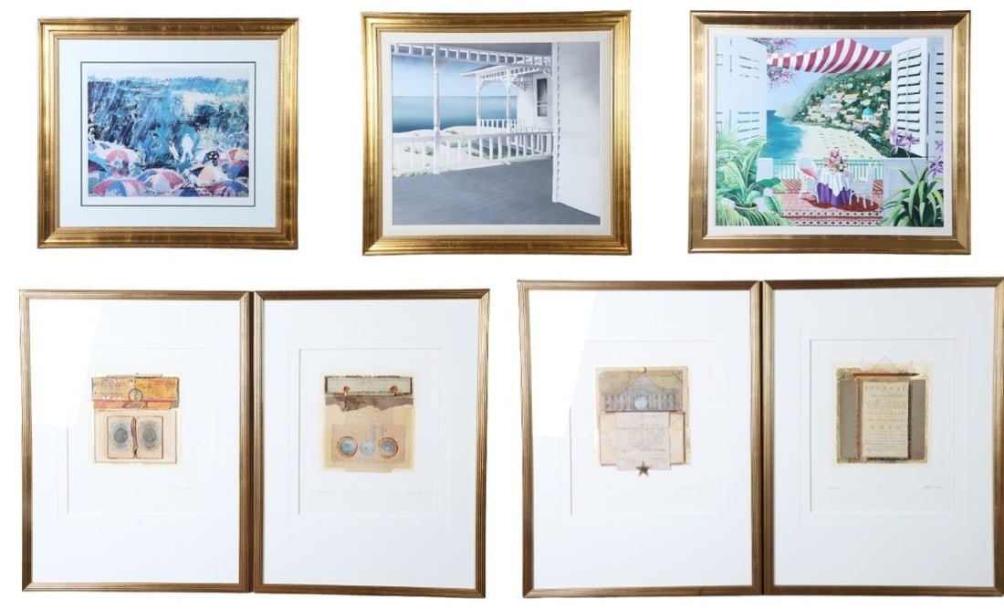 (7) Pcs. Framed Artworks: (7) Pcs. Framed Artworks, (4) "Georgetown" mixed media collages, signed Johnson, offset lithograph signed Leroy Neiman in lower margin, Jerri Finch painting on tufted fabric, and Shari Hatchett Bohlma
