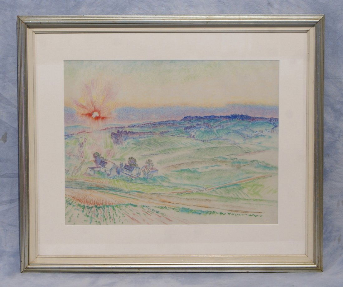 Henry McCarter, American, PA, pastel, Sunrise over a la: Henry McCarter, American, PA, pastel, Sunrise over a landscape, 18" x 24", with clippings from newspapers in Phila c 1940