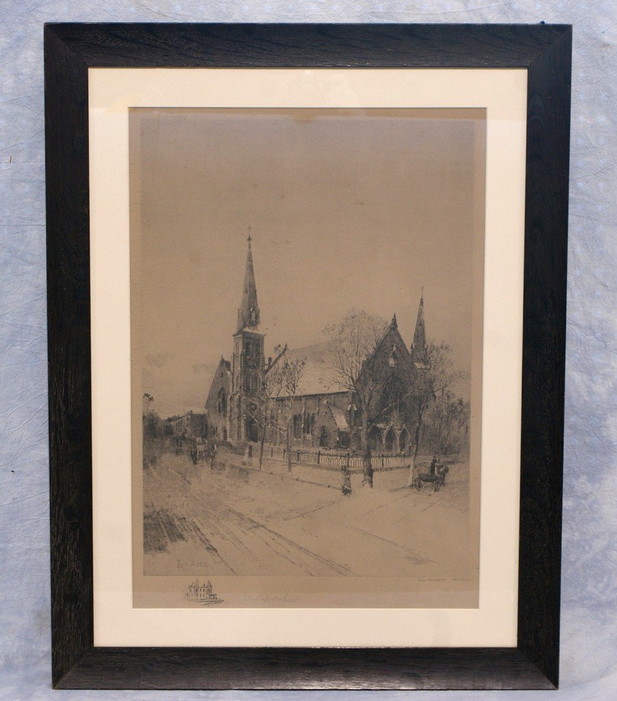 Robert Shaw, American, DE, Engraving of Grace Methodist: Robert Shaw, American, DE, Engraving of Grace Methodist Episcopal Church Wilmington DE, pencil signed and dated 1893, 21"x15"