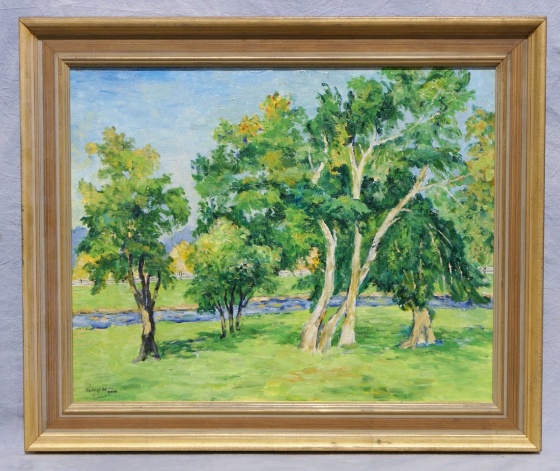 Joseph Fraczkowski, American, DE, student of Frank Scho: Joseph Fraczkowski, American, DE, student of Frank Schoonover, o/c, Trees and Stream in Landscape, 16"x20"