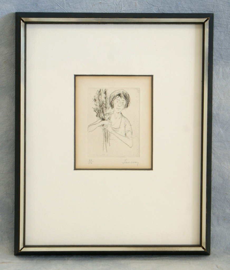 Jean Jansem, Armenian, b 1920, etching, Maria, Woman wi: Jean Jansem, Armenian, b 1920, etching, Maria, Woman with Flowers, #'d 28/50, 4 3/4" x 3 1/2"