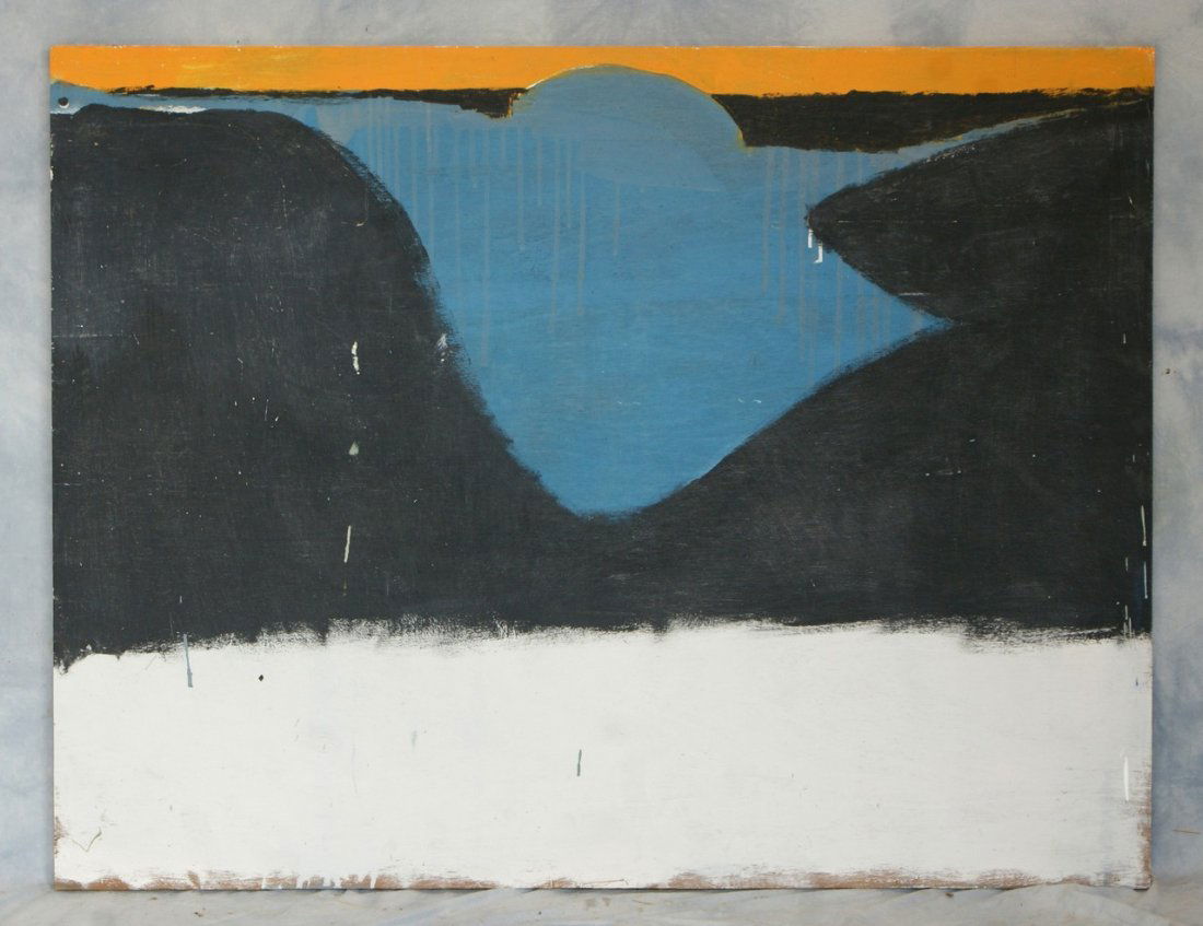 Tom Bostelle, American, PA, 1921-2005, o/l, blue silhou: Tom Bostelle, American, PA, 1921-2005, o/l, blue silhouette on black white and gold background, 40"x52", bears estate stamp and accompanied by a letter of authenticity from the artist's son.