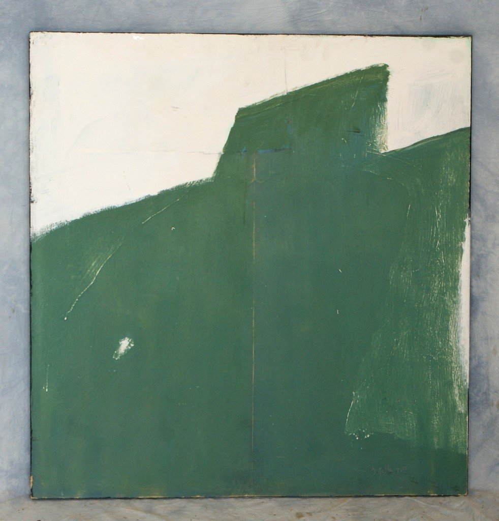 Tom Bostelle, American, PA, 1921-2005, acrylic on lauan: Tom Bostelle, American, PA, 1921-2005, acrylic on lauan, Green man, 2000, 33 1/2"x32", bears estate stamp and accompanied by a letter of authenticity from the artist's son.