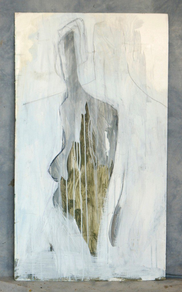 Tom Bostelle, American, PA, 1921-2005, mixed media on f: Tom Bostelle, American, PA, 1921-2005, mixed media on foam board, double sided, nude female, blue man in silhouette, 40"x22 1/2", bears estate stamp and accompanied by a letter of authenticity from th