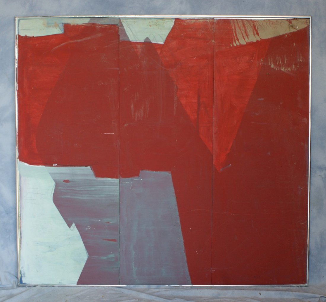 Tom Bostelle, American, PA, 1921-2005, mixed media on l: Tom Bostelle, American, PA, 1921-2005, mixed media on lauan, Red green and grey abstract, 60"x65", bears estate stamp and accompanied by a letter of authenticity from the artist's son.