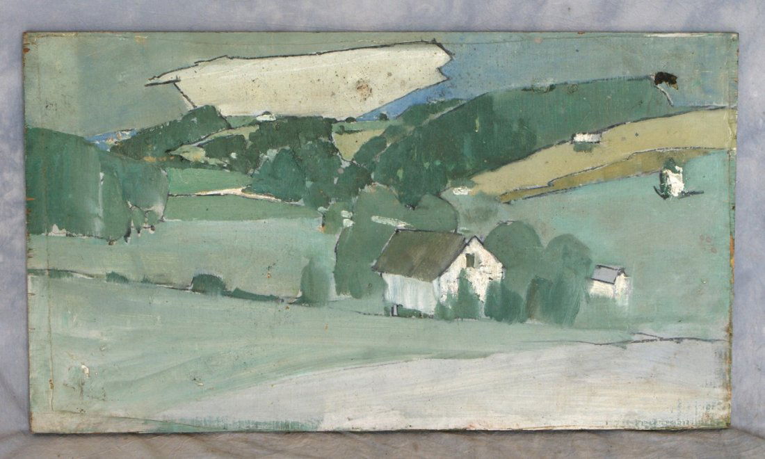 Tom Bostelle, American, PA, 1921-2005, mixed media on c: Tom Bostelle, American, PA, 1921-2005, mixed media on canvas laid on plywood, Green farm landscape, 17"x30 1/2", bears estate stamp and accompanied by a letter of authenticity from the artist's son.