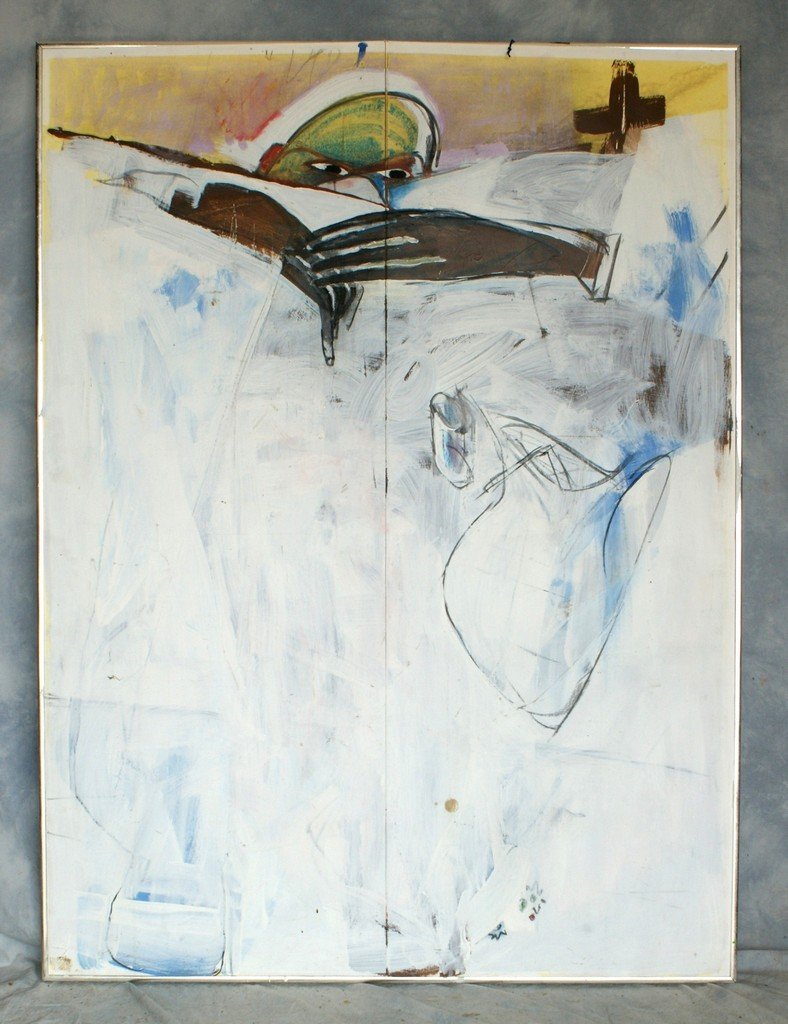 Tom Bostelle, American, PA, 1921-2005, mixed media on f: Tom Bostelle, American, PA, 1921-2005, mixed media on foam board, Abstract figure on white background, 62"x45", bears estate stamp and accompanied by a letter of authenticity from the artist's son.