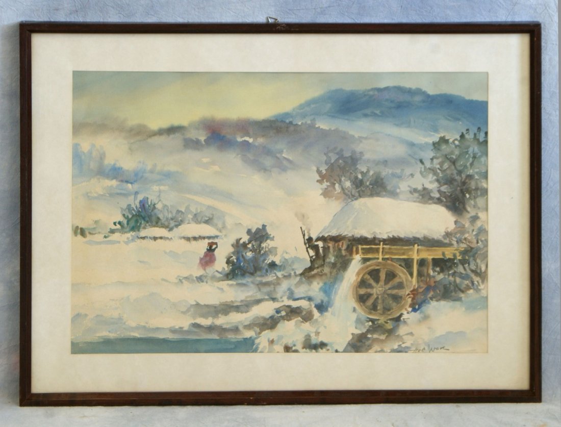 Hoe Wan, Korean, 20th c, w/c, Landscape, 14" x 20": Hoe Wan, Korean, 20th c, w/c, Landscape, 14" x 20"