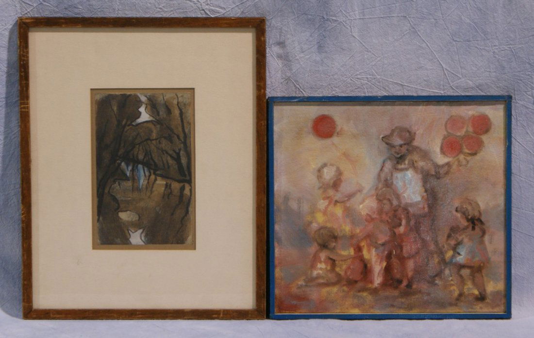 (2) works A water color by Tom Bostelle, 1962, Oil on c: (2) works A water color by Tom Bostelle, 1962, Oil on canvas baloon seller by Weston, smaill oil is 11 1/2" x 12 1/2", the other is 12 1/2" x 15 1/2"