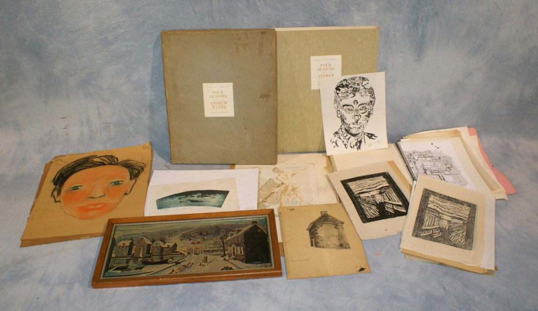 Grouping of sketches and unframed prints by Dali, LaMon: Grouping of sketches and unframed prints by Dali, LaMont, sketchbook filled with paper studies, Andrew Wyeth print, Andrew Wyeth book, and a print signed Bayard Berndt