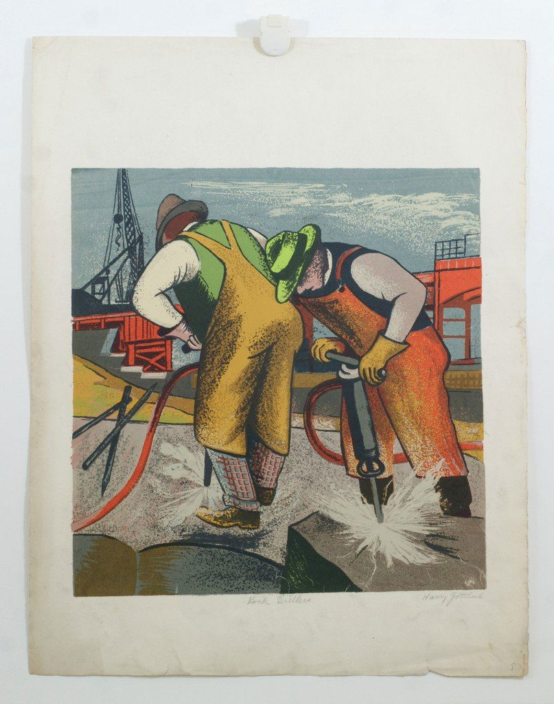 Harry Gottlieb (American, 1895-1992), silkscreen, Rock: Harry Gottlieb (American, 1895-1992), silkscreen, Rock Drillers, unframed, 14" x 13" image, unframed
