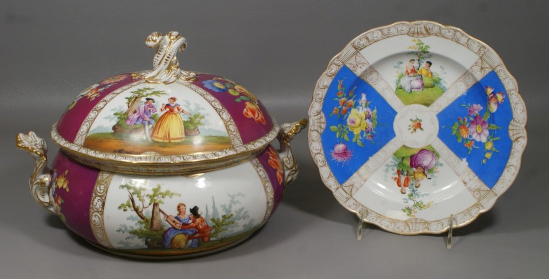 Meissen porcelain covered serving dish with double gilt: Meissen porcelain covered serving dish with double gilt handles, two fields with romantic hand painted decoration, with similar lid 10" diameter 8"h, along with a Meissen plate with floral and scenic 