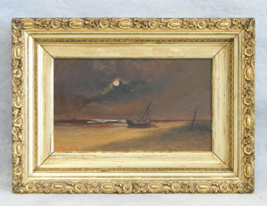 Alexander Charles Stuart, Scottish/American/PA, 1831-18: Alexander Charles Stuart, Scottish/American/PA, 1831-1898, o/b, Beached, 6" x 10", Stuart grew up in Glasgow, then a major shipbuilding capital, and acquired early drafting skills as an apprentice to