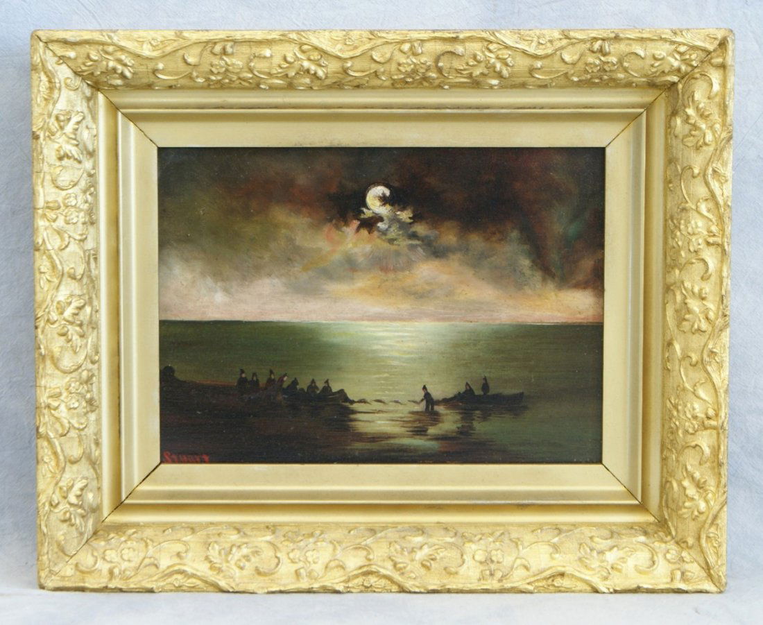 Alexander Charles Stuart, Scottish/American/PA, 1831-18: Alexander Charles Stuart, Scottish/American/PA, 1831-1898, o/b, Nets at Night, 7" x 9 3/4", Exh at Brandywine River Museum, 1997. Stuart grew up in Glasgow, then a major shipbuilding capital, and acqu