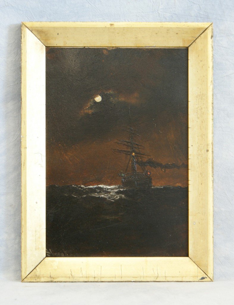 Alexander Charles Stuart, Scottish/American/PA, 1831-18: Alexander Charles Stuart, Scottish/American/PA, 1831-1898, o/b, Night Sail, 13" x 9", Stuart grew up in Glasgow, then a major shipbuilding capital, and acquired early drafting skills as an apprentice