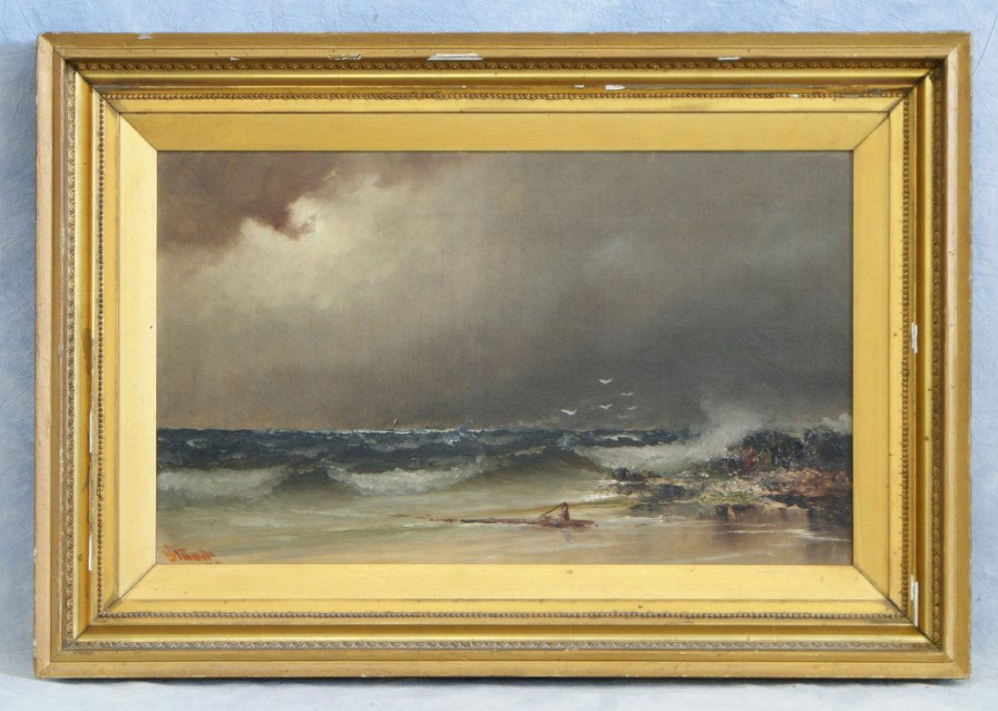 Alexander Charles Stuart, Scottish/American/PA, 1831-18: Alexander Charles Stuart, Scottish/American/PA, 1831-1898, o/b, Flotsam and Gulls, 16" x 26", possibly original frame with some losses, not lined, Stuart grew up in Glasgow, then a major shipbuilding