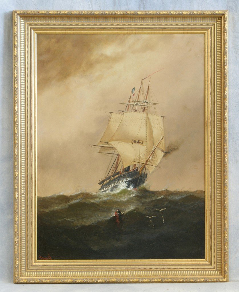 Alexander Charles Stuart, Scottish/American/PA, 1831-18: Alexander Charles Stuart, Scottish/American/PA, 1831-1898, o/b, 3 Masted Warship on the High Sea, 29 1/2" x 18 1/4". Stuart grew up in Glasgow, then a major shipbuilding capital, and acquired early dr