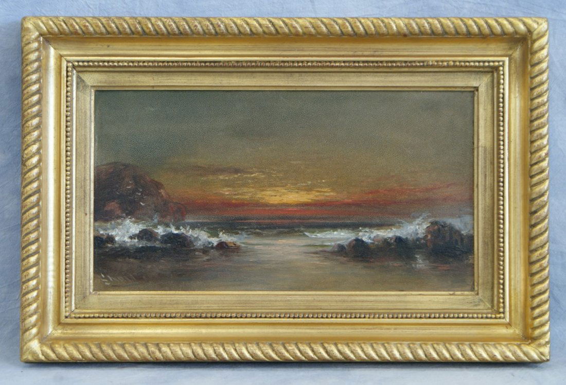 Alexander Charles Stuart, Scottish/American/PA, 1831-18: Alexander Charles Stuart, Scottish/American/PA, 1831-1898, o/b, Sunset on Surf, 8" x 15", Stuart grew up in Glasgow, then a major shipbuilding capital, and acquired early drafting skills as an apprent