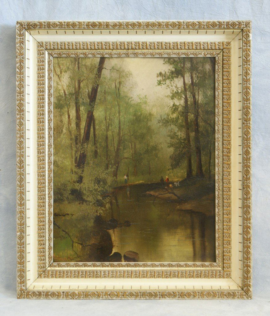 Alexander Charles Stuart, Scottish/American/PA, 1831-18: Alexander Charles Stuart, Scottish/American/PA, 1831-1898, o/b, Stroll Along the Brandywine, 20 1/2" x 16 1/4", Stuart grew up in Glasgow, then a major shipbuilding capital, and acquired early draftin