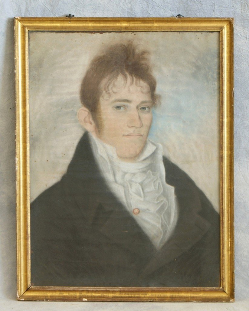 18/19th c American School, pastel portrait of Daniel Do: 18/19th c American School, pastel portrait of Daniel Doughty Smith Jr., 1783-1820, inscribed on back of original backboard "Daniel Doughty Smith Jr. / Born 4 mo 10th 1783 / Died 7 mo 14th 1820 / Paint