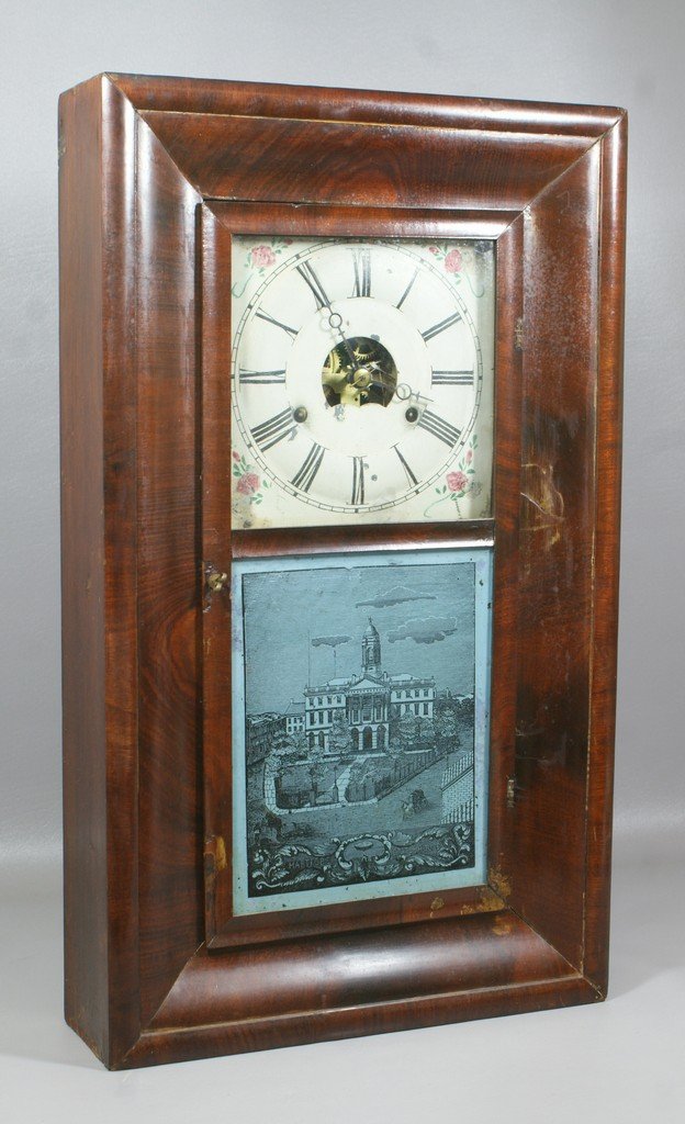 William L Gilbert mahogany OG shelf clock, weights and : William L Gilbert mahogany OG shelf clock, weights and pendulum, reverse painted panel of the Hartford State House