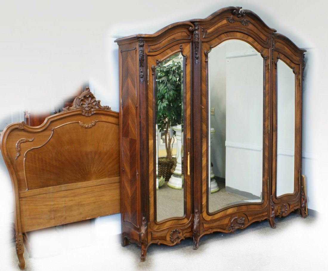 French 3-Section rosewood armoire with mirrored doors a: French 3-Section rosewood armoire with mirrored doors and matching headboard, 93" tall, 87" wide including the legs, 20" maximum including the center section, comes apart.
