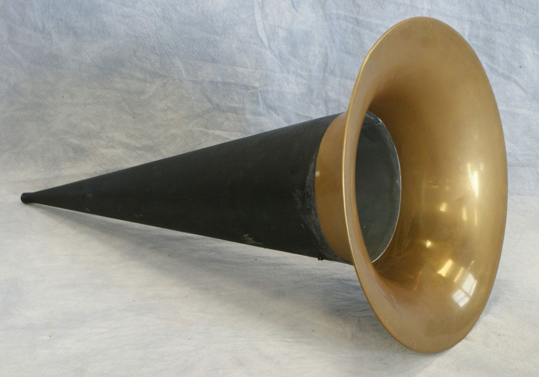 Witch's hat horn with brass bell, 31" long x 17" diam: Witch's hat horn with brass bell, 31" long x 17" diam